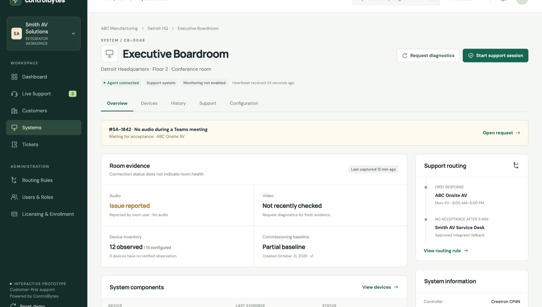 Concept preview of a room detail view with room evidence, support routing, and device inventory.