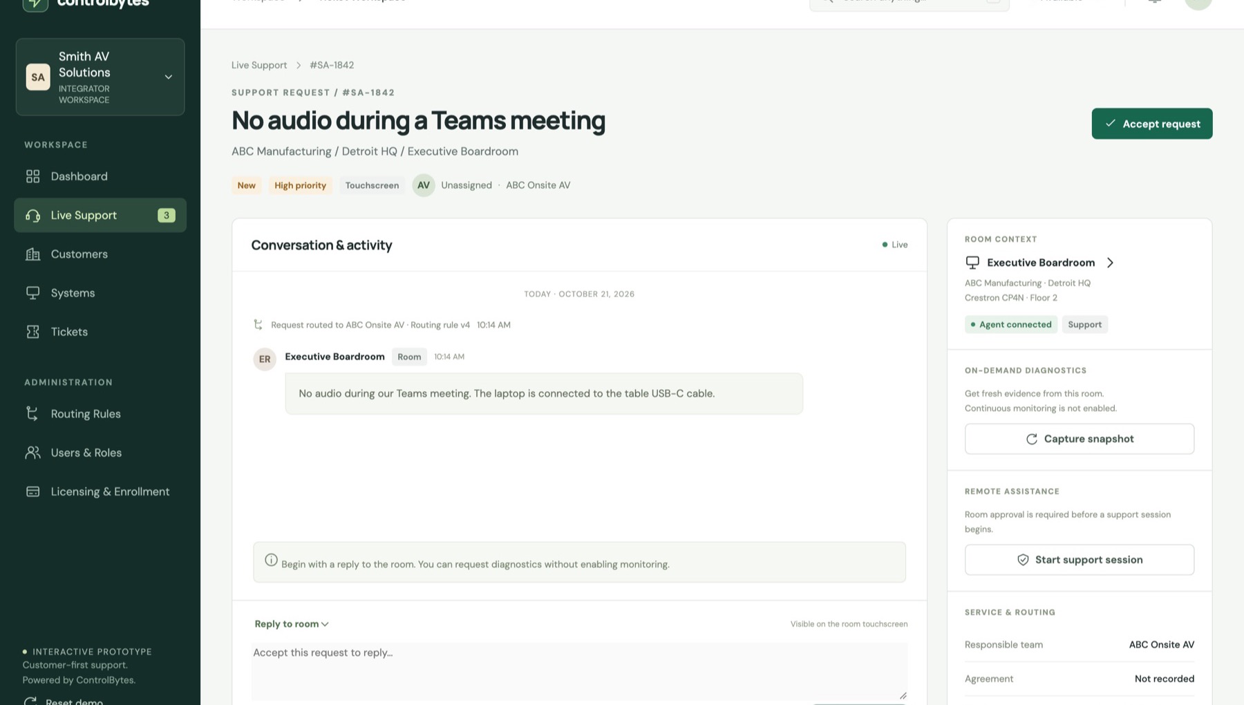 Concept preview of a support ticket: the conversation, room context, on-demand diagnostics, and routing in one view.